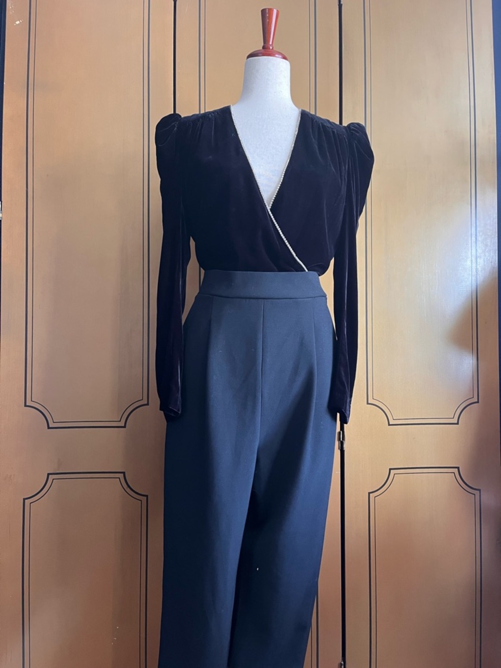 Veronica Baird Cleo Crystal Black Velvet Wrap-Front Jumpsuit